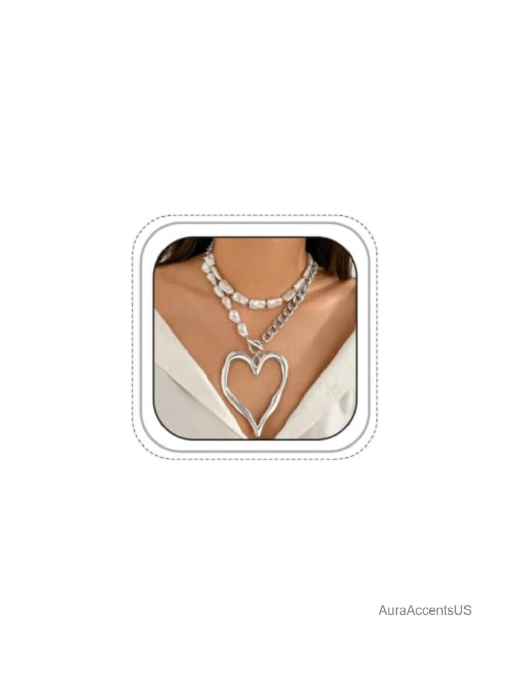 Gold Layered Large Hollow Heart Pendant Necklace Faux Pearl Beaded Choker Women